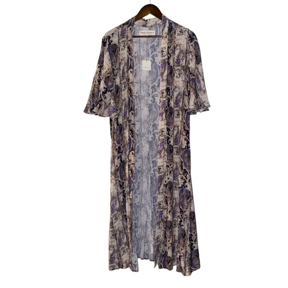 Free People Longline Print Duster Drop Sleeve Boho Festive NEW Women‎ Large - Picture 1 of 7